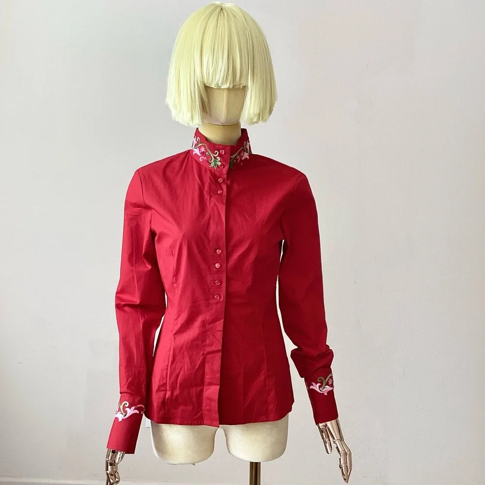 Nara Camicie Red Floral Embroidery Button Down Long Sleeves Shirt SZ 4 - Picture 2 of 11